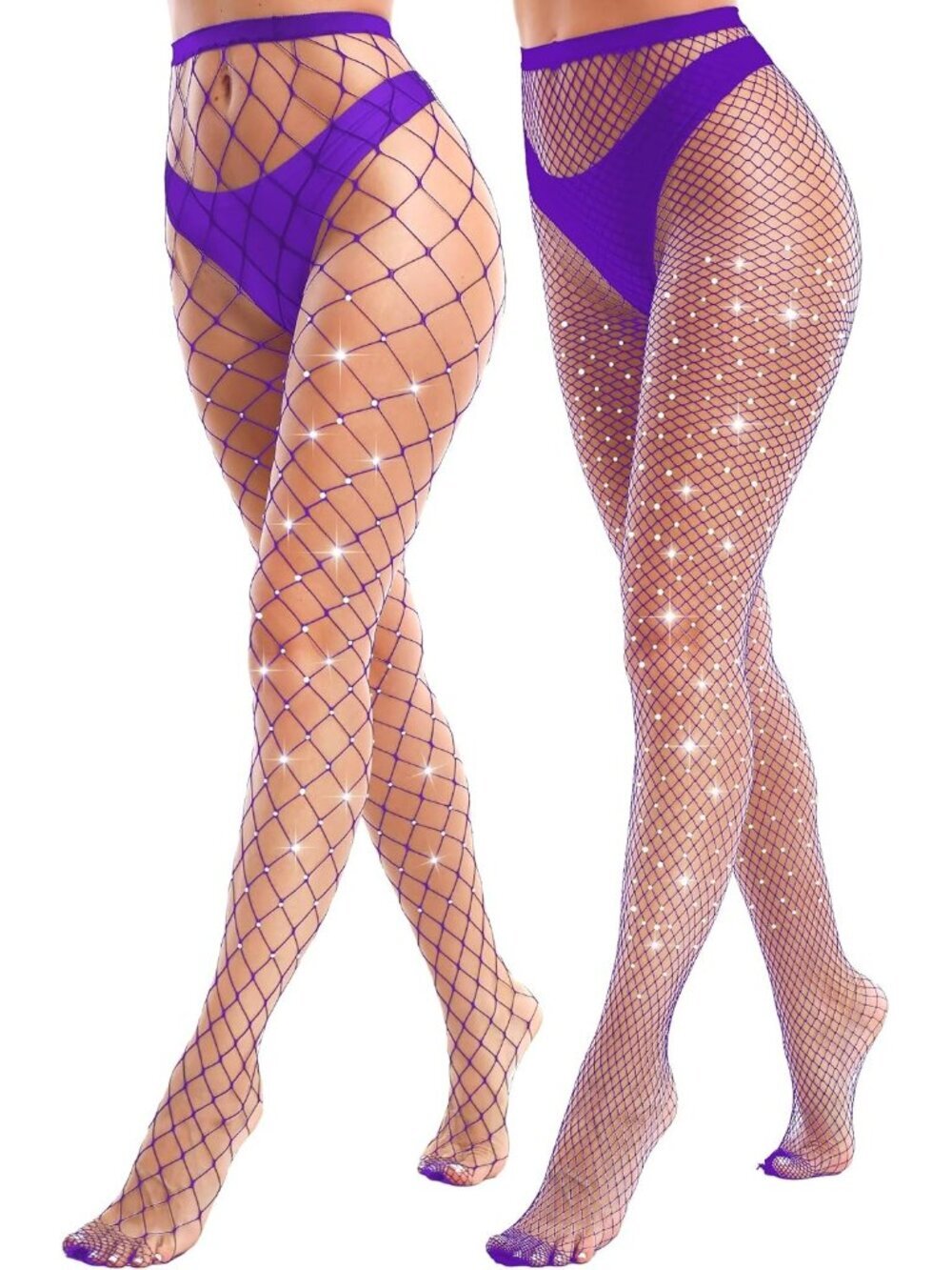 Women's Purple 2 Pack Sparkly Glitter Rhinestone Mesh Fishnet Stockings Tights